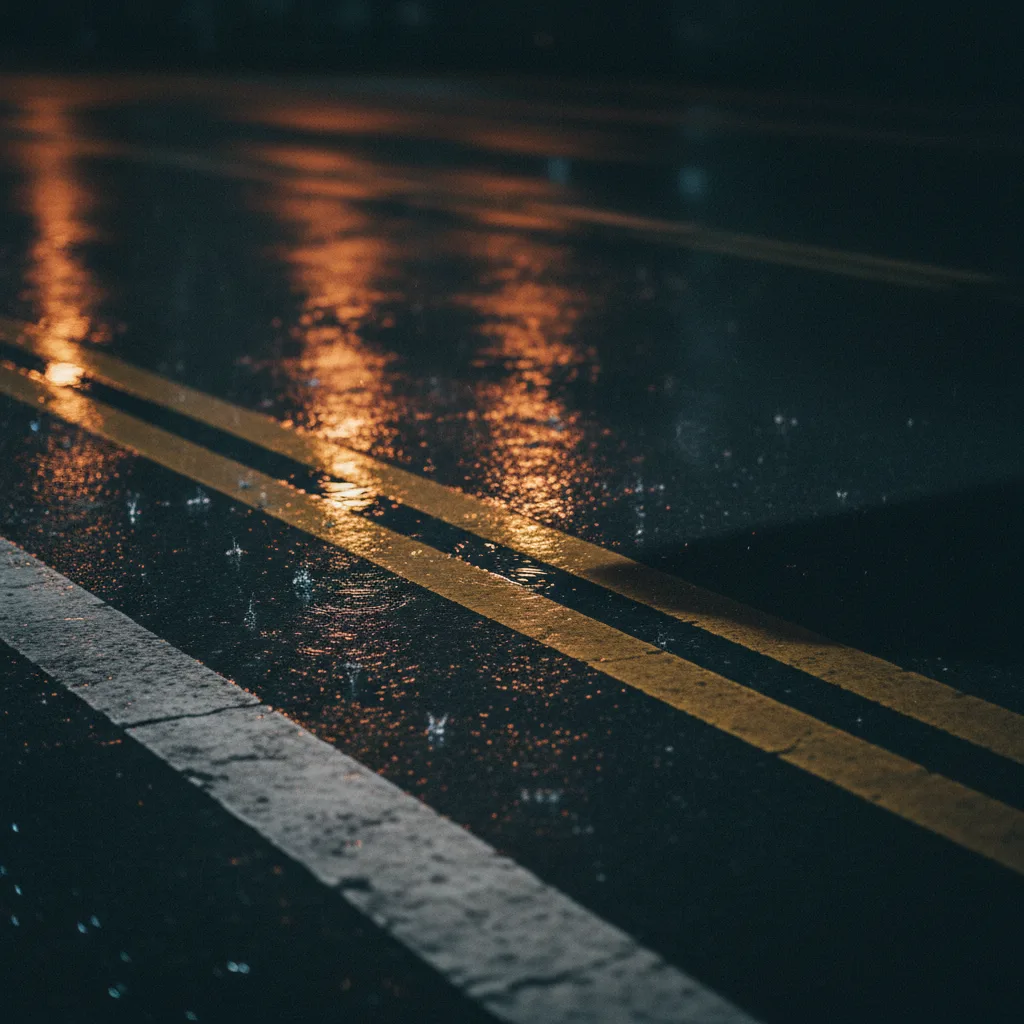 Mokry nocny asfalt z odbiciami świateł ulicznych
