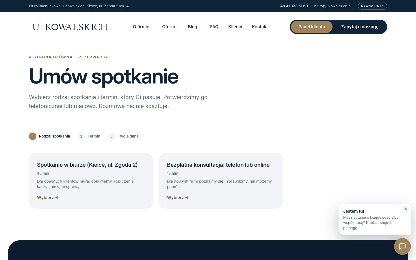Wizard rezerwacji spotkania — zrzut ekranu