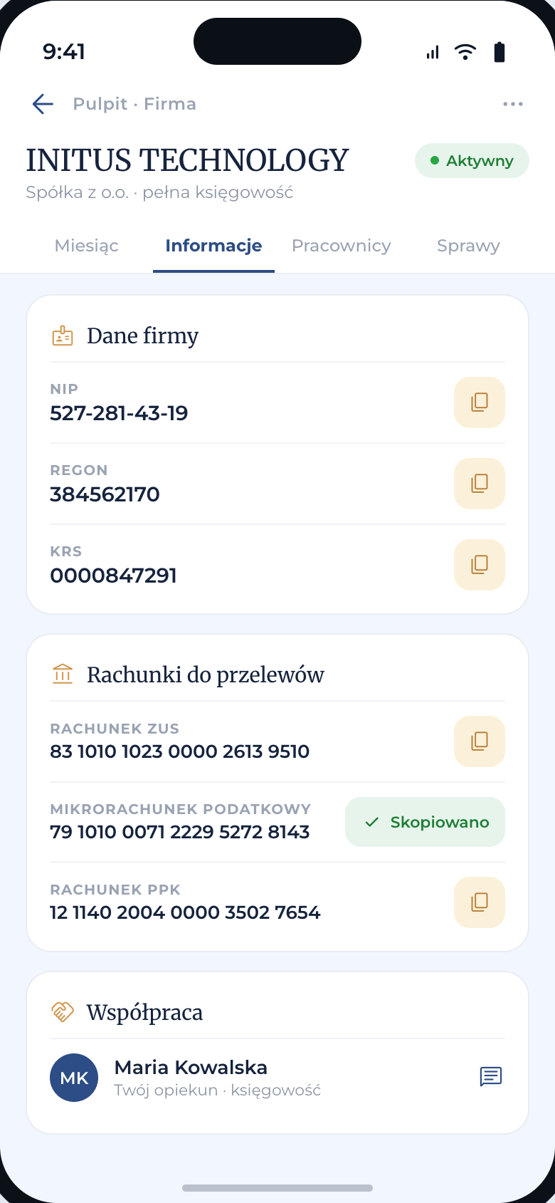 Karta firmy · Informacje — ekran aplikacji Strefa Klienta