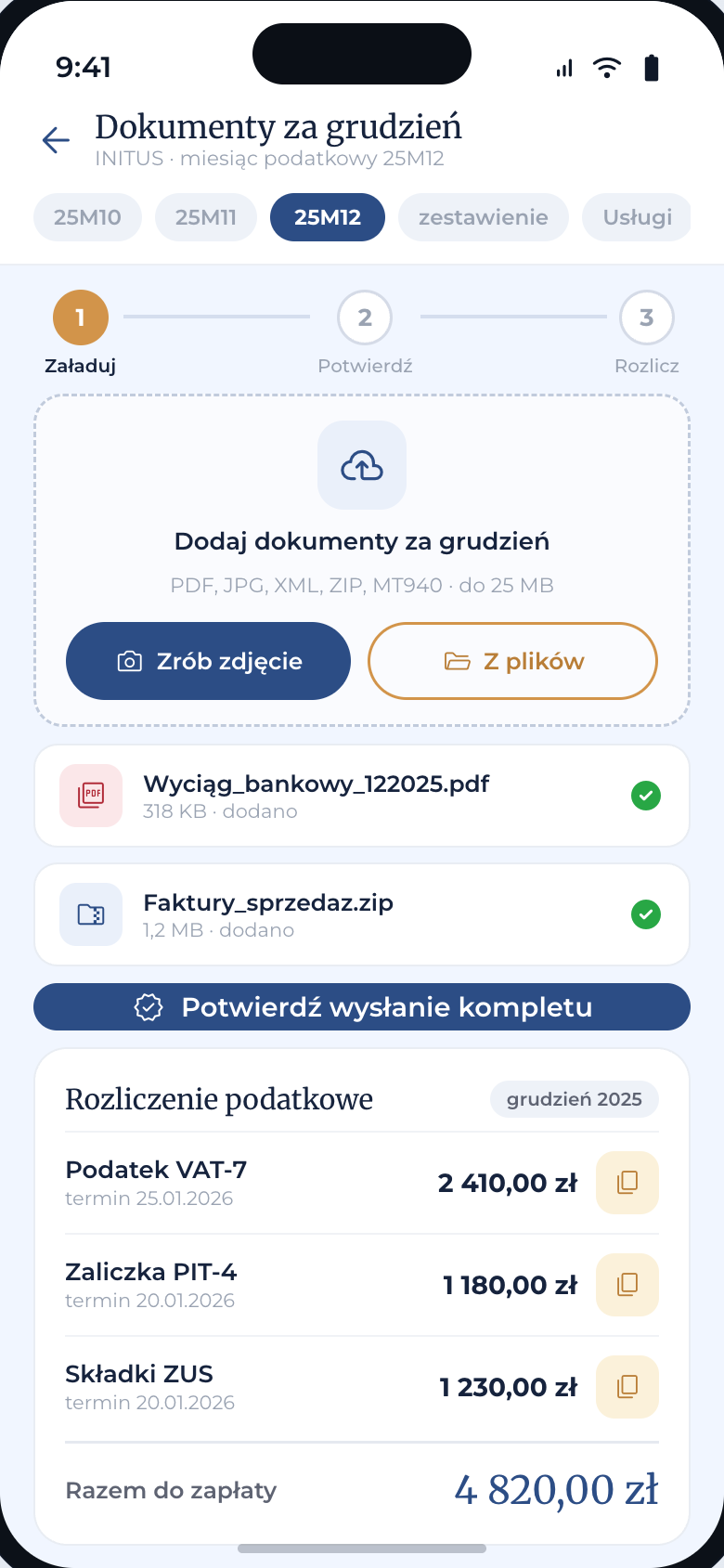 Wysyłka dokumentów — ekran aplikacji Strefa Klienta