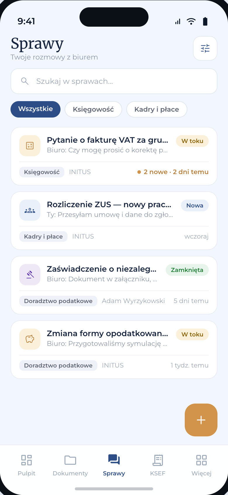 Lista spraw — ekran aplikacji Strefa Klienta