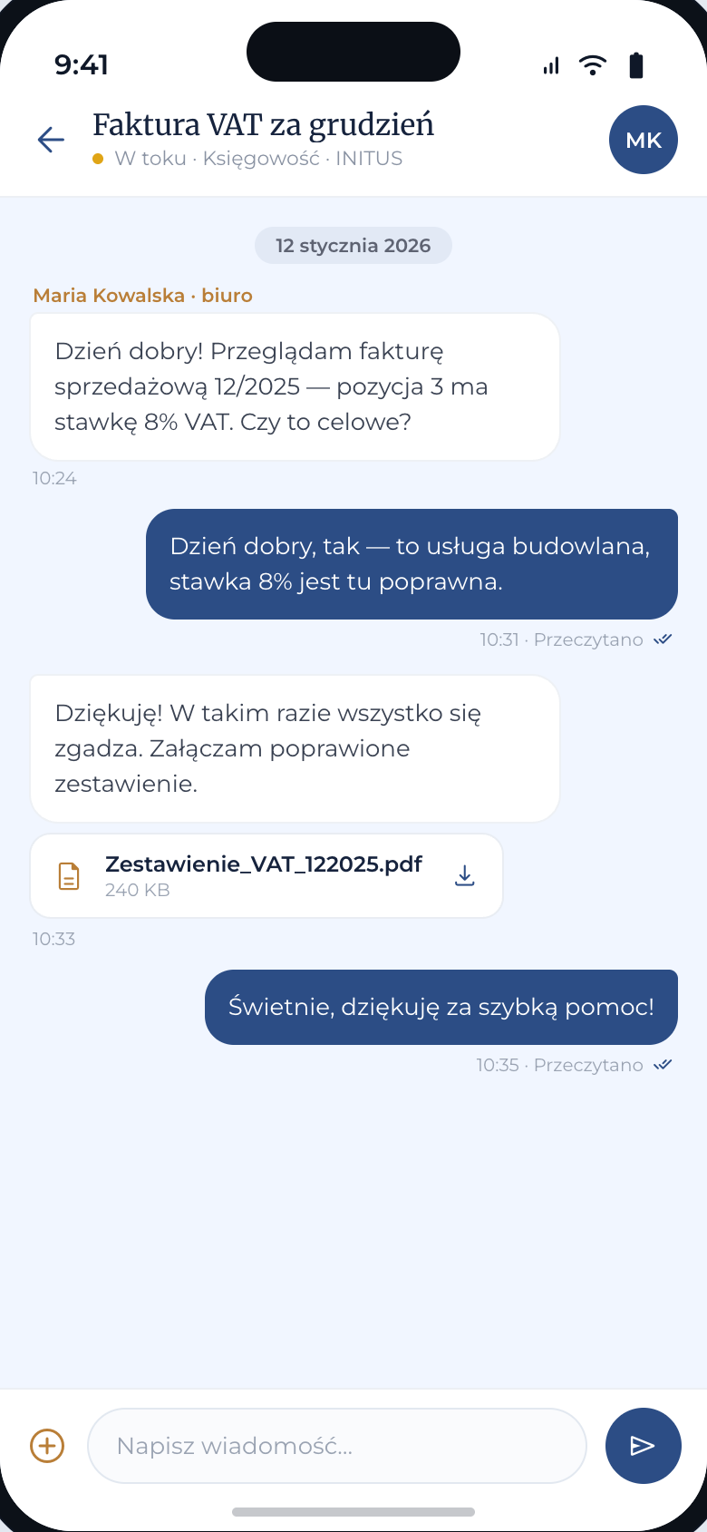 Wątek sprawy — ekran aplikacji Strefa Klienta
