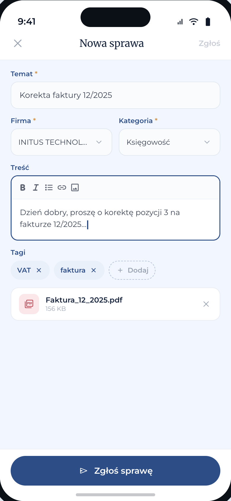 Nowa sprawa — ekran aplikacji Strefa Klienta