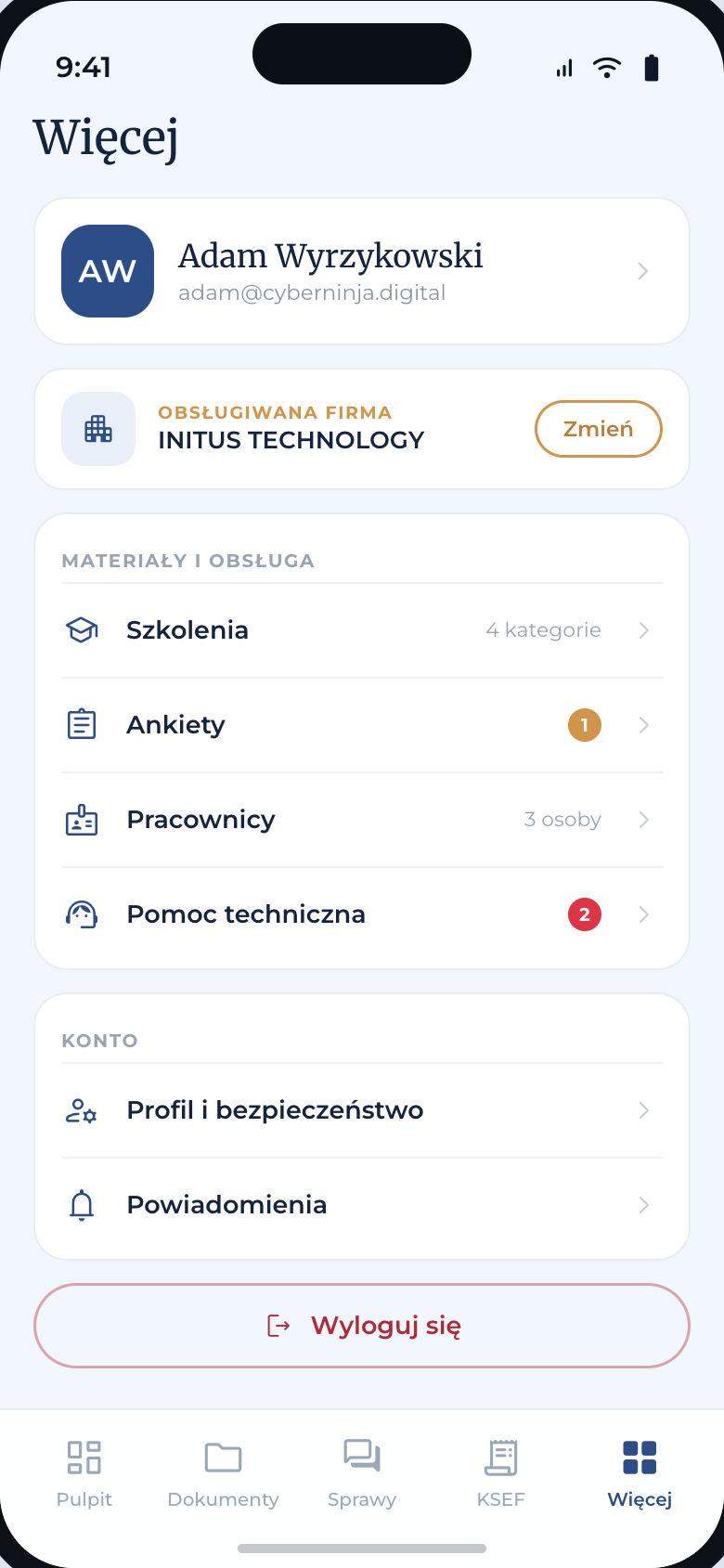 Więcej — ekran aplikacji Strefa Klienta
