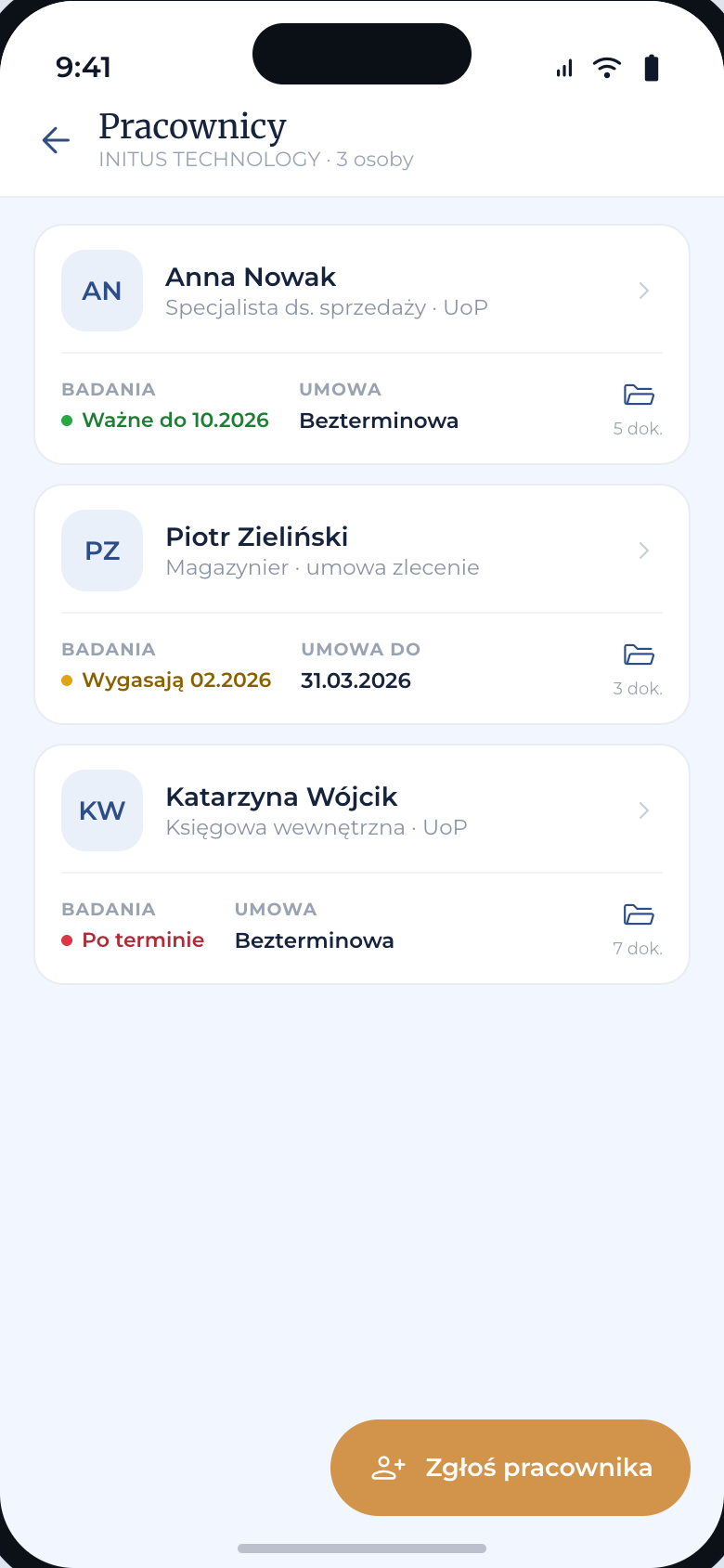 Pracownicy — ekran aplikacji Strefa Klienta