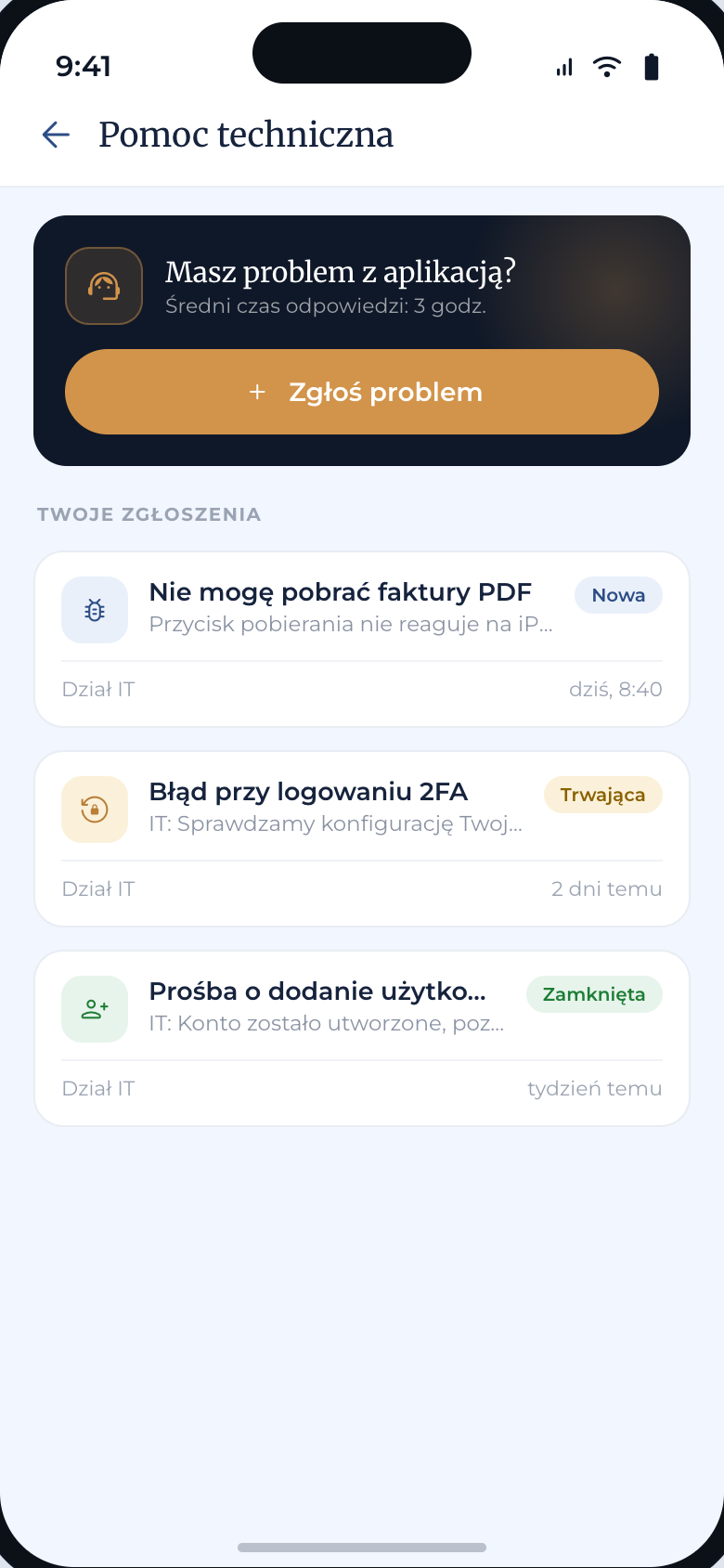 Pomoc techniczna — ekran aplikacji Strefa Klienta