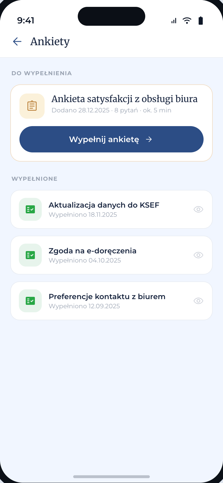 Ankiety — ekran aplikacji Strefa Klienta