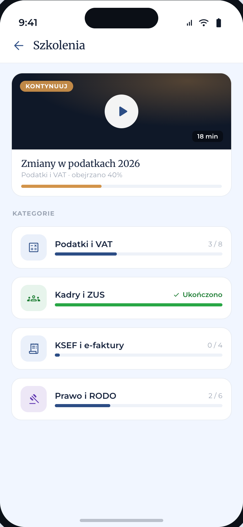 Szkolenia — ekran aplikacji Strefa Klienta